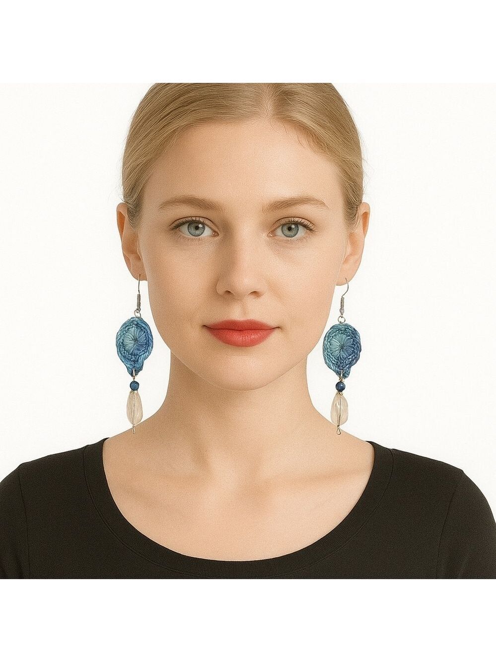 Handmade Crochet Dangle Earrings Ocean Blue Boho Fiber knit Art  Mermaidcore USA